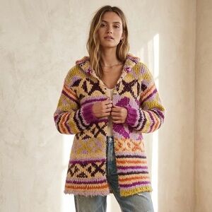 Free People Peggy Cardigan Sunshine Orchid Combo Hooded Boho Sweater S